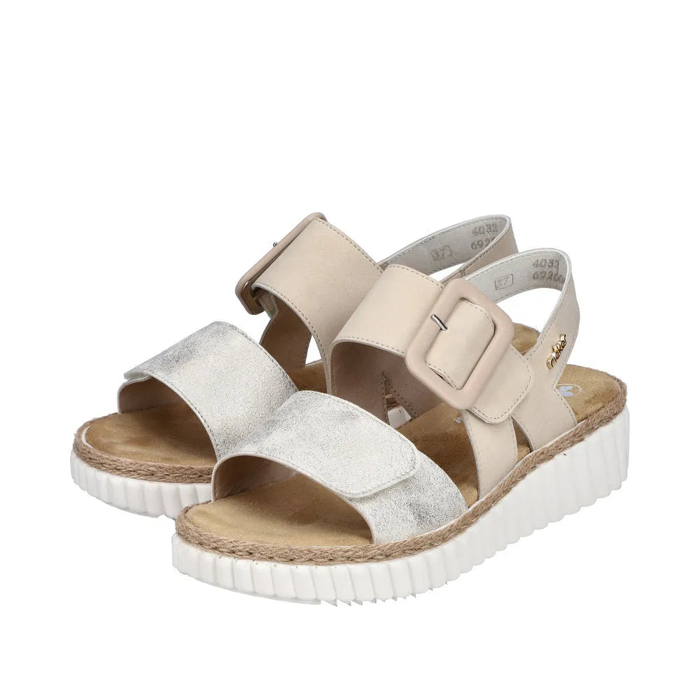 Rieker 69260-60 women's wide beige-gold touch fastening sandals with cushioned footbed and chunky white sole.