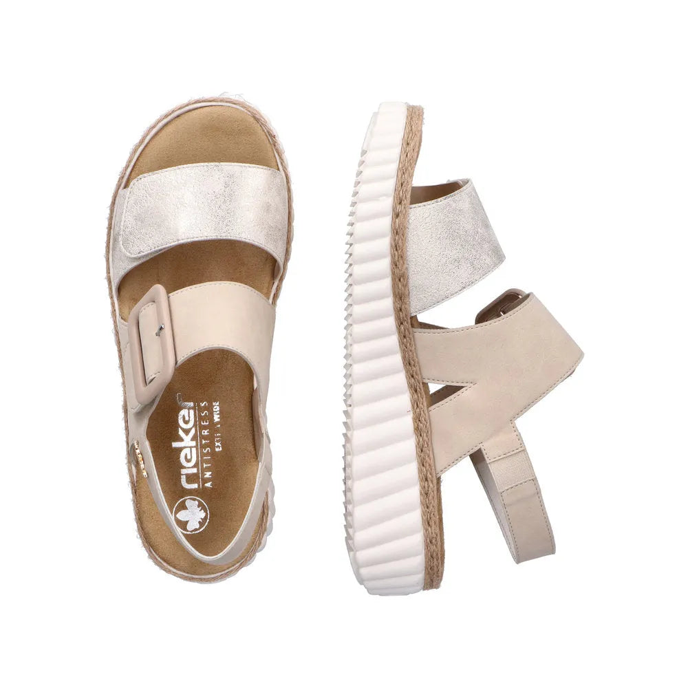 Rieker 69260-60 women's wide beige-gold touch fastening sandals with cushioned insoles and chunky white sole.