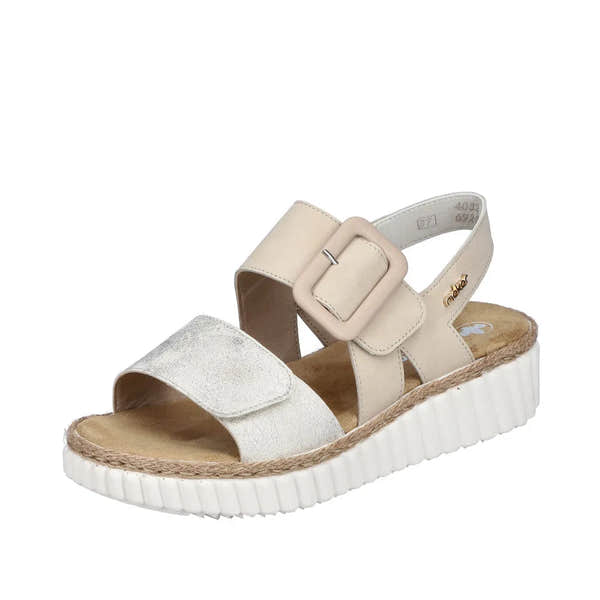 Rieker 69260-60 beige-gold women's wide fit touch fastening sandal with cushioned footbed and chunky white sole.