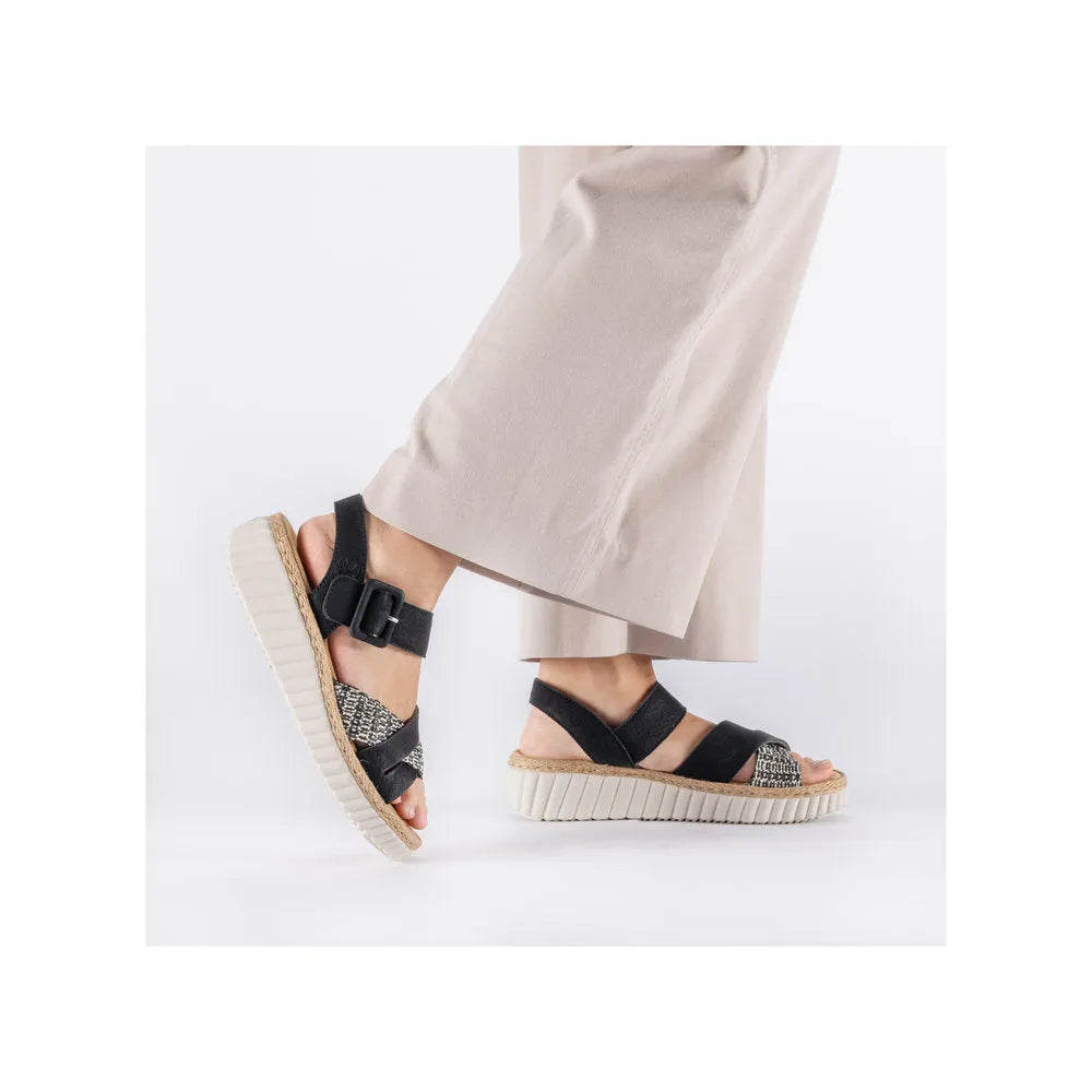 Rieker 69269-00 women's wide black touch fastening sandals with patterned toe strap and chunky sole.