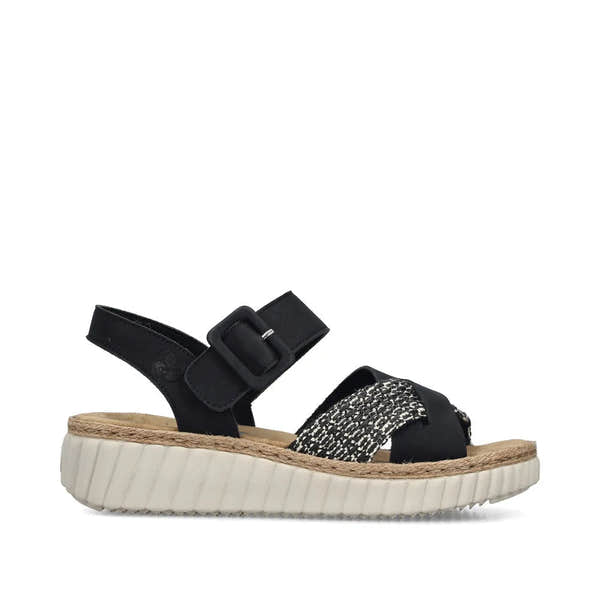 Rieker 69269-00 women's wide-fit black touch fastening sandal with woven strap and chunky sole.