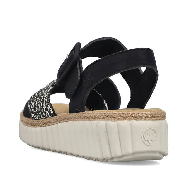 Rieker 69269-00 women's wide black touch fastening sandal with woven strap and cushioned sole.