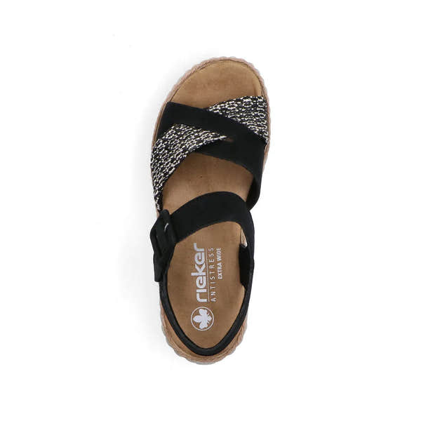 Rieker 69269-00 women's wide black touch fastening sandals with patterned and solid black straps, cushioned insole, and rubber sole.
