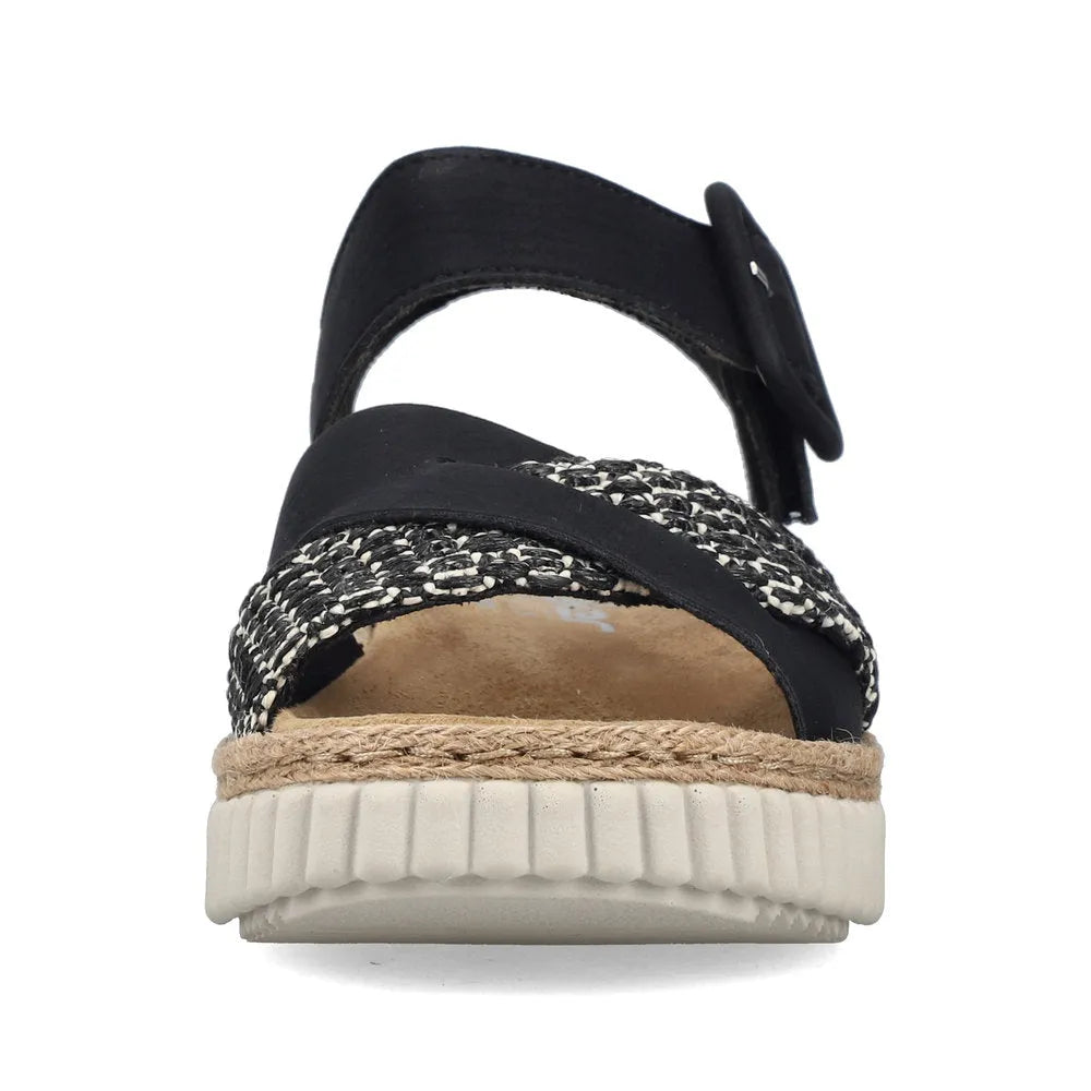 Rieker 69269-00 women's wide black touch fastening sandals with woven detail, cushioned footbed, and rubber sole.