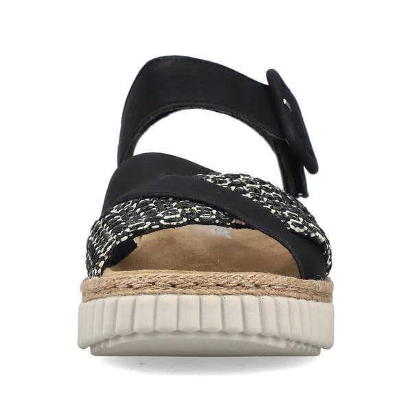 Rieker 69269-00 women's wide black touch fastening sandals with woven detail, cushioned footbed, and rubber sole.