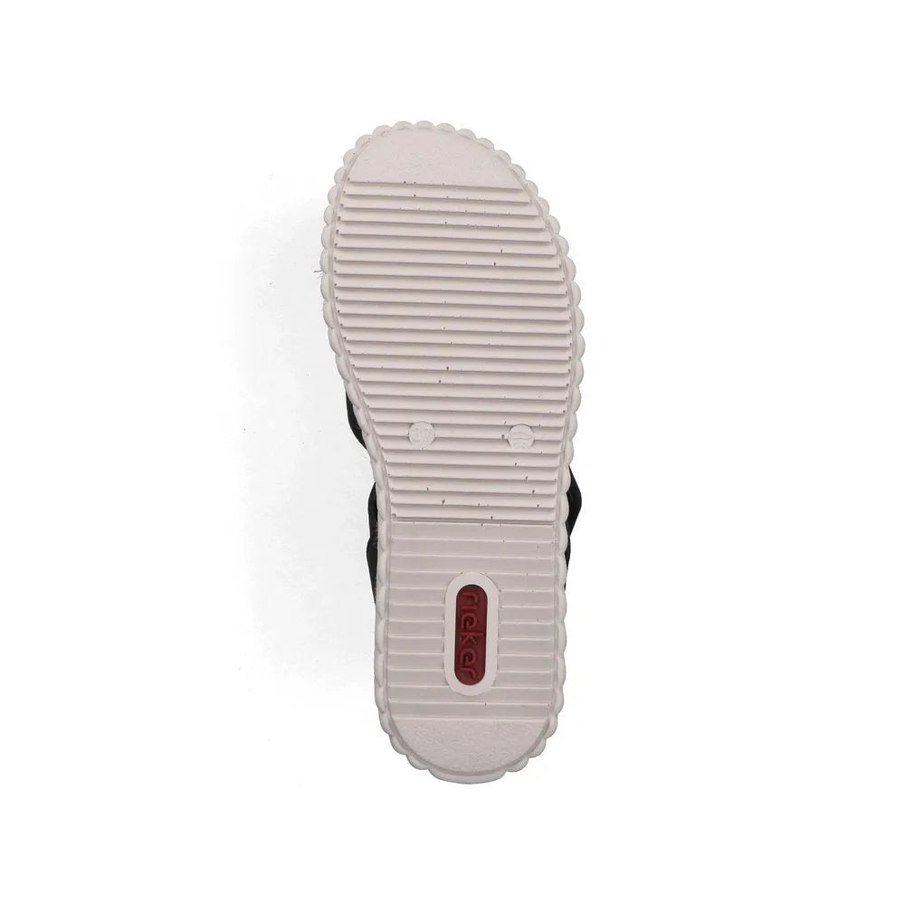 Rieker 69269-00 Ladies Wide Black Touch Fastening Sandals with cushioned sole and ribbed outsole.