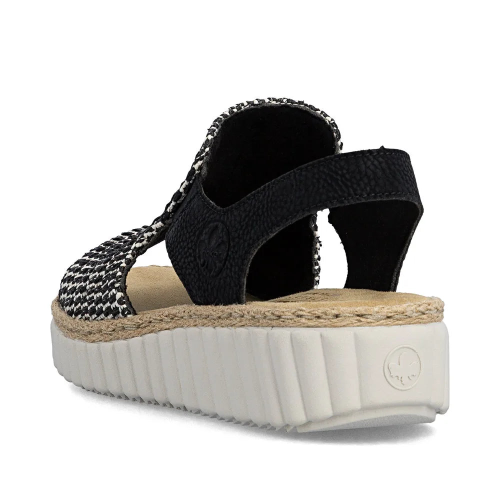 Rieker 69276-00 women's wide black textile elasticated sandals with platform sole and woven design, comfort fit.