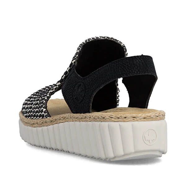 Rieker 69276-00 women's wide black textile elasticated sandals with platform sole and woven design, comfort fit.