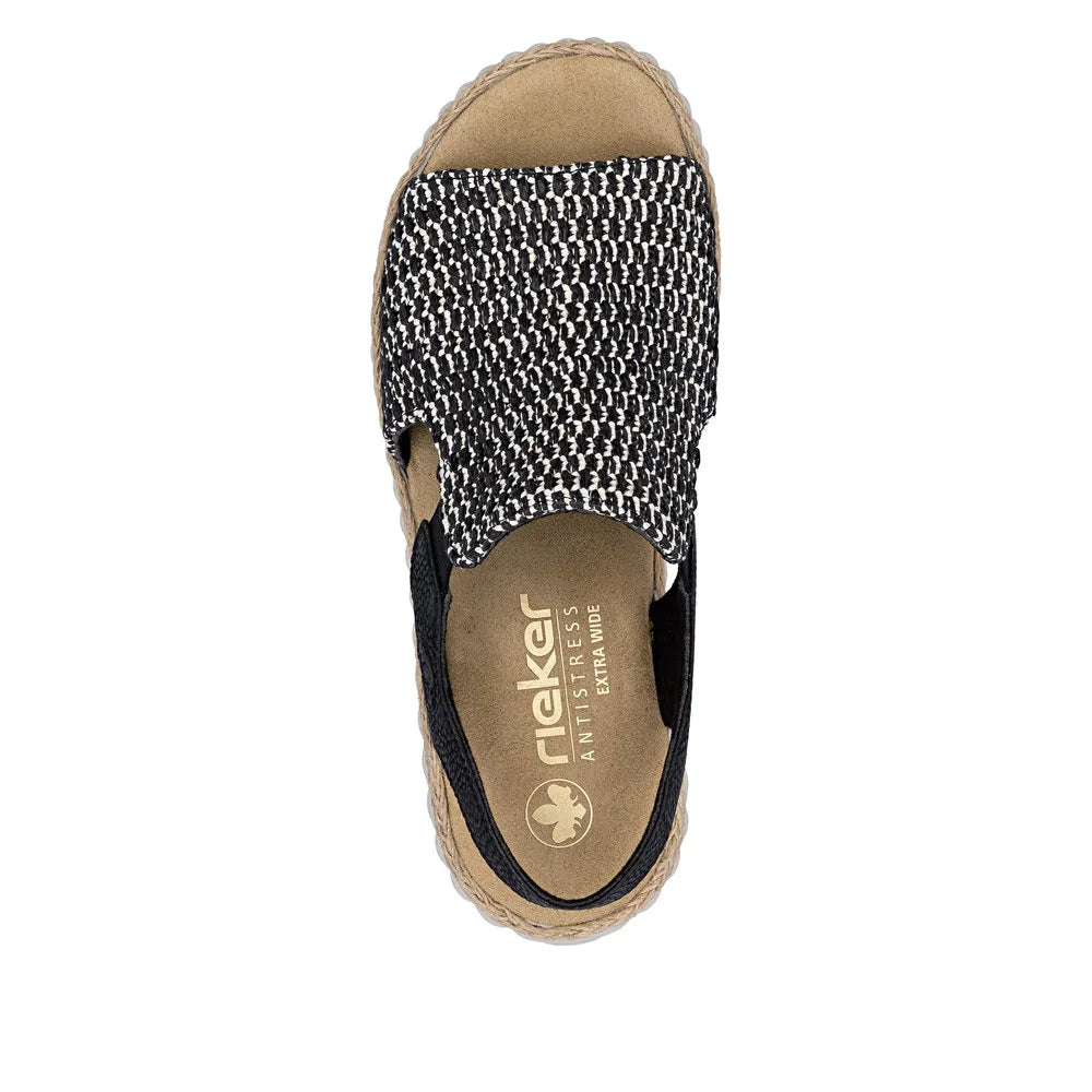 Rieker 69276-00 ladies wide black textile elasticated sandals with cushioned insole and thick sole, casual summer footwear.