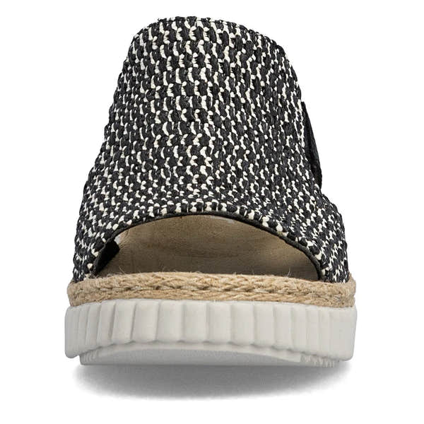 Rieker 69276-00 women's wide black textile elasticated sandals with cushioned sole and jute-style trim.