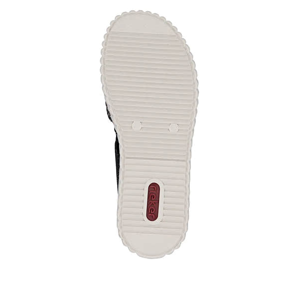 Rieker 69276-00 women's black textile elasticated wide-fit sandals with cushioned sole and slip-resistant outsole.