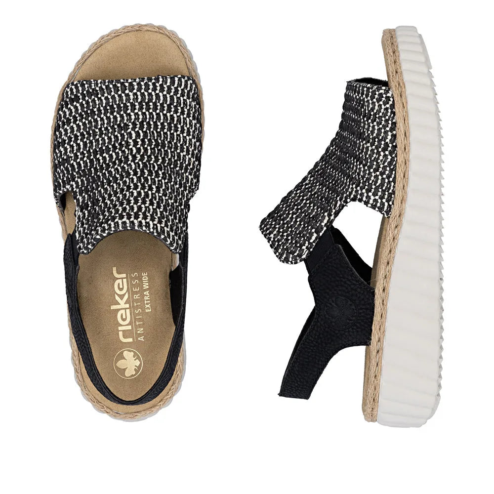 Rieker 69276-00 women's wide black textile elasticated sandals with a chunky white sole and jute trim, comfortable slip-on style.