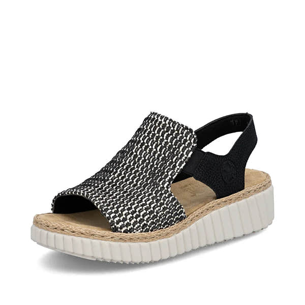 Rieker 69276-00 women's wide black textile elasticated sandals with a comfortable platform sole and slingback strap.