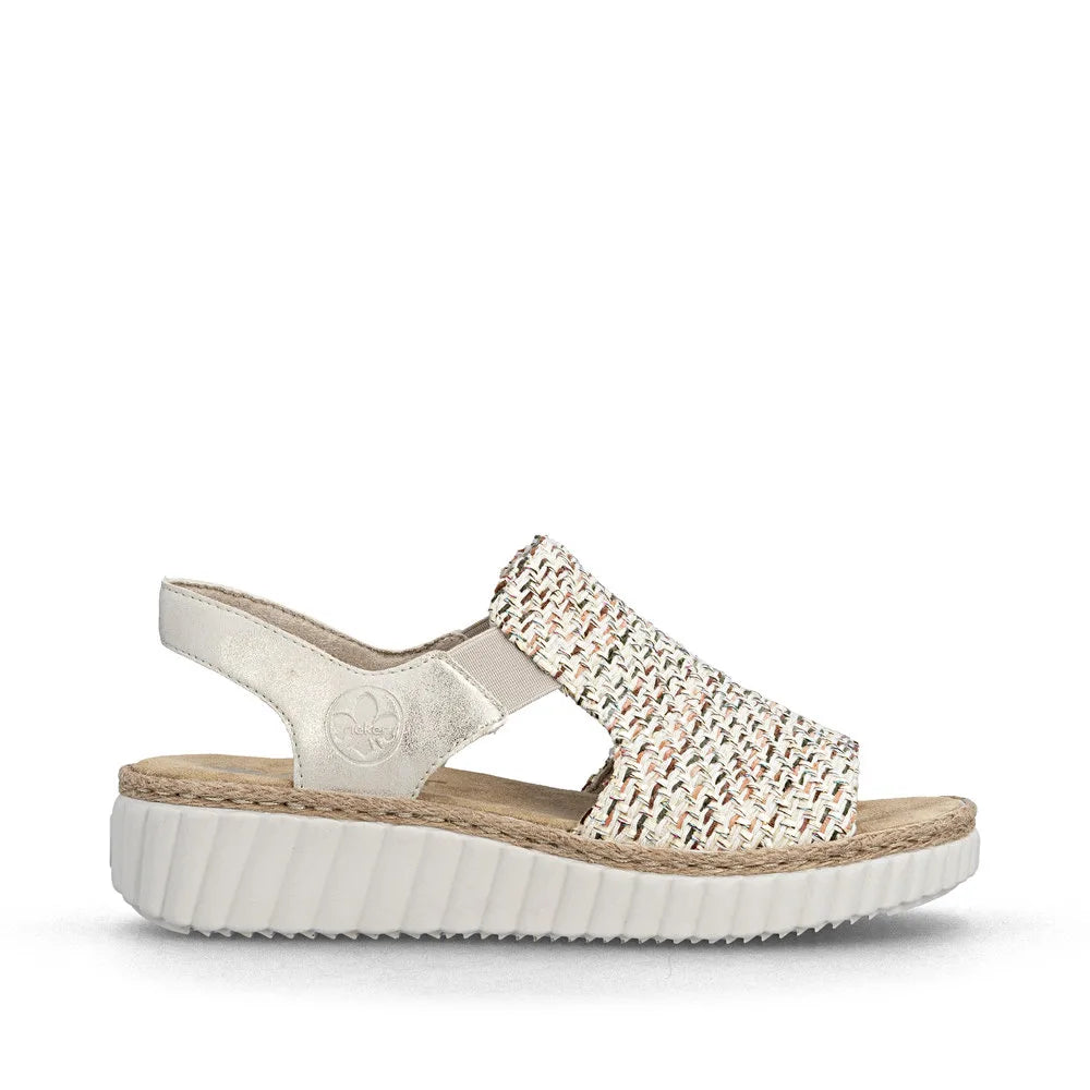 Rieker 69276-60 beige textured wide ladies' elasticated casual sandals with cushioned sole.