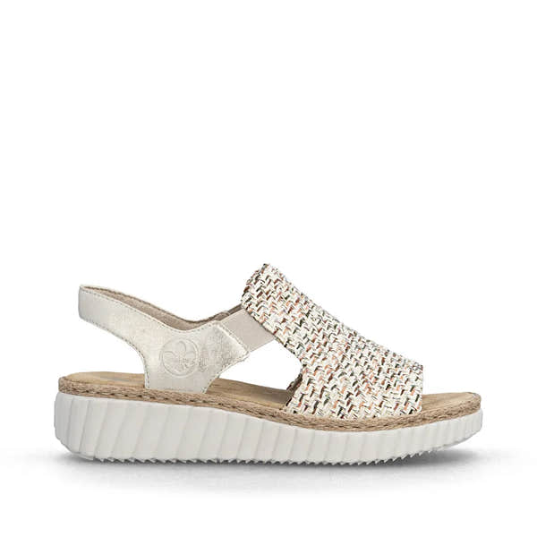 Rieker 69276-60 beige textured wide ladies' elasticated casual sandals with cushioned sole.
