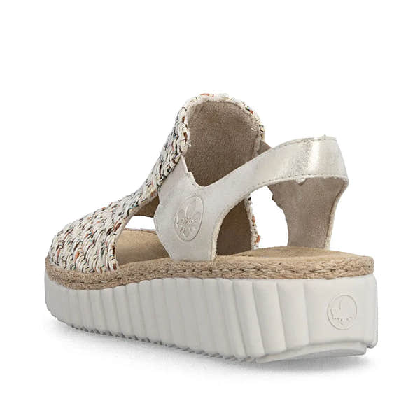 Rieker 69276-60 women's wide beige textile elasticated sandals with platform sole and ankle strap, comfortable summer footwear.