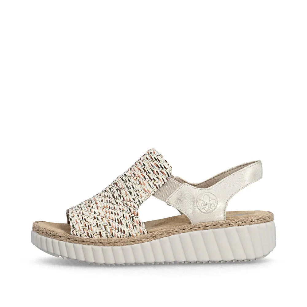 Rieker 69276-60 Ladies Wide Beige Textile Elasticated Sandals with cushioned sole and adjustable strap.