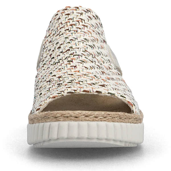 Rieker 69276-60 women's wide beige textile elasticated sandals with woven upper and cushioned sole.