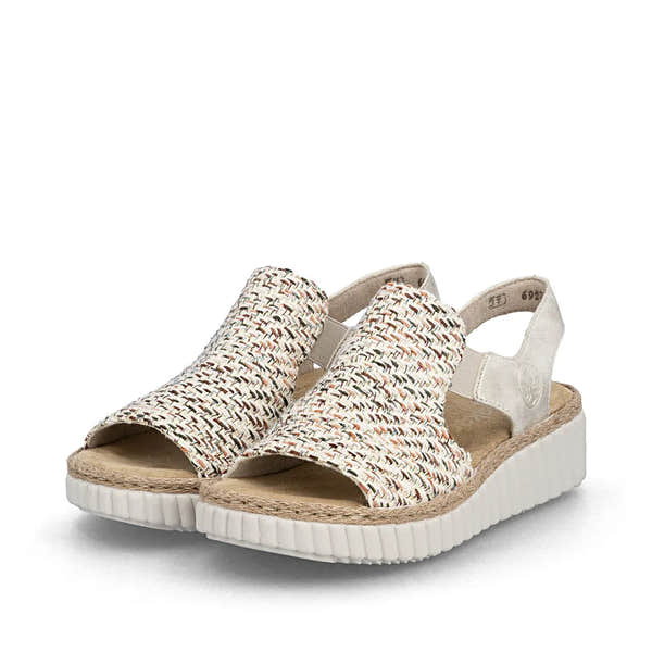 Rieker 69276-60 women's wide beige textile elasticated sandals with cushioned sole and adjustable strap.