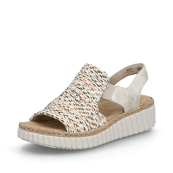 Rieker 69276-60 ladies wide-fit beige textile elasticated slingback sandals with cushioned sole and chunky white platform.