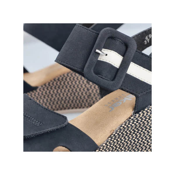 Rieker 69450-14 ladies Pacific Blue touch fastening sandals with buckle strap and woven textile detail.
