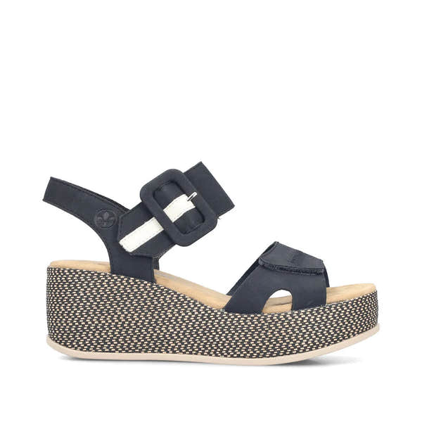 Rieker 69450-14 ladies Pacific Blue touch fastening wedge sandals with strappy design and patterned platform heel.