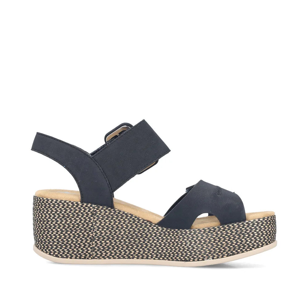 Rieker 69450-14 women's Pacific Blue touch fastening wedge sandals with ankle straps and woven platform sole.