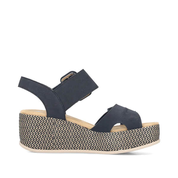 Rieker 69450-14 women's Pacific Blue touch fastening wedge sandals with ankle straps and woven platform sole.