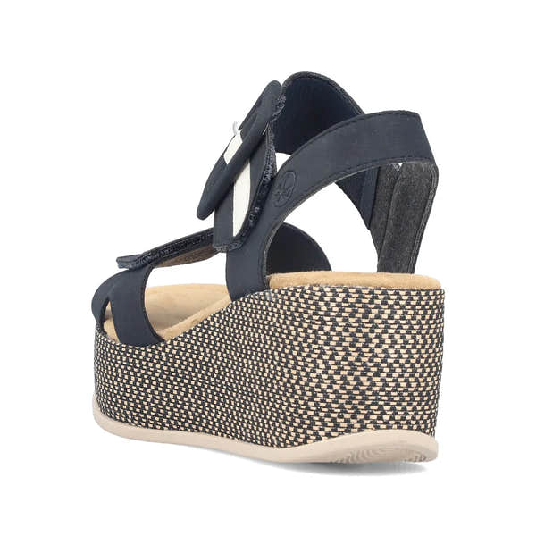 Rieker 69450-14 Ladies Pacific Blue Touch Fastening Sandals with wedge sole and adjustable straps.