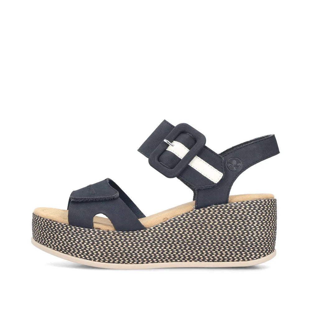 Rieker 69450-14 ladies Pacific blue touch fastening wedge sandals with platform sole and adjustable straps.