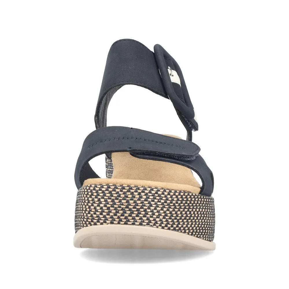 Rieker 69450-14 Ladies Pacific Blue Touch Fastening Sandals with woven platform sole and adjustable straps for comfort.