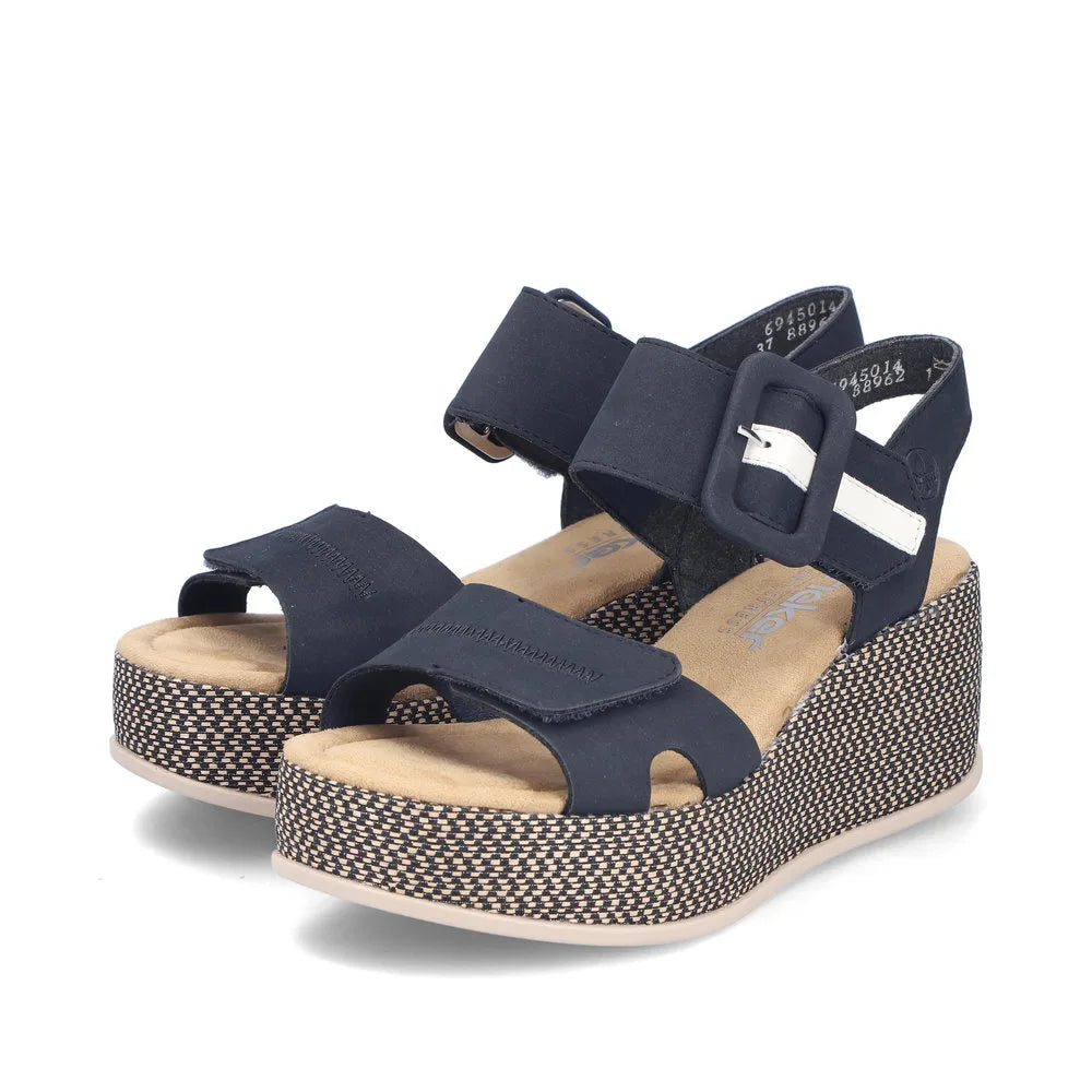 Rieker 69450-14 Ladies Pacific Blue touch fastening wedge sandals with adjustable straps and a patterned platform sole.