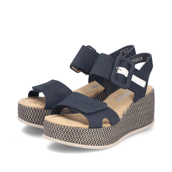 Rieker 69450-14 Ladies Pacific Blue touch fastening wedge sandals with adjustable straps and a patterned platform sole.