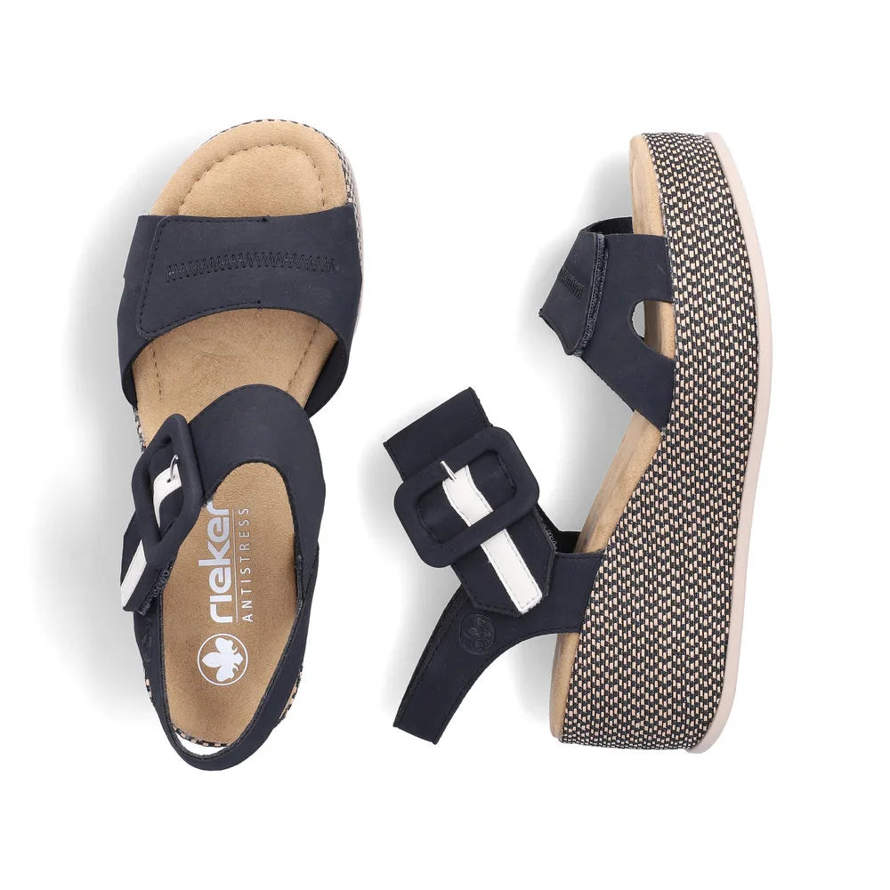 Rieker 69450-14 Ladies Pacific Blue Touch Fastening Sandals with adjustable straps and patterned platform sole.