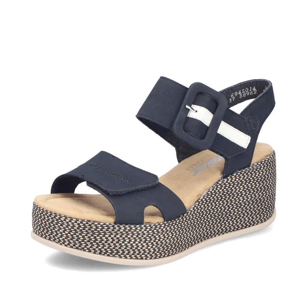 Rieker 69450-14 women's navy blue touch fastening wedge sandals with adjustable straps and patterned platform sole.