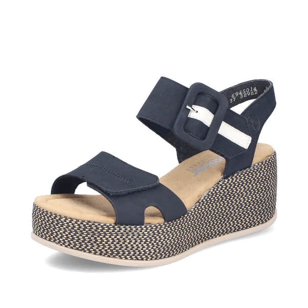 Rieker 69450-14 women's navy blue touch fastening wedge sandals with adjustable straps and patterned platform sole.