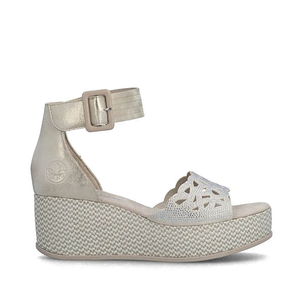 Rieker 69457-60 women's beige wedge sandals with buckle strap and cutout design, lightweight and stylish for summer wear.