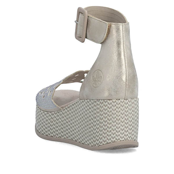 Rieker 69457-60 women's beige wedge sandals with ankle buckle strap and metallic finish.