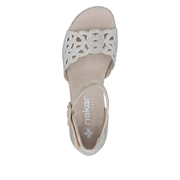 Rieker 69457-60 beige ladies buckle sandals with decorative cutout straps and cushioned footbed.