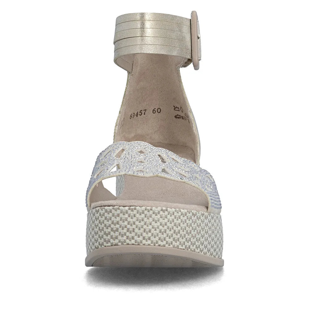 Rieker 69457-60 beige ladies buckle sandals with decorative upper and platform sole, stylish summer footwear.