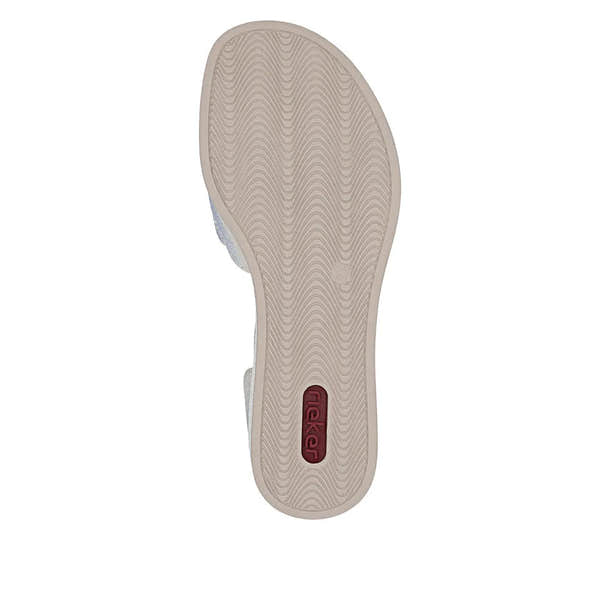 Rieker 69457-60 ladies beige buckle sandals with slip-on design and cushioned sole, stylish and comfortable for summer wear.