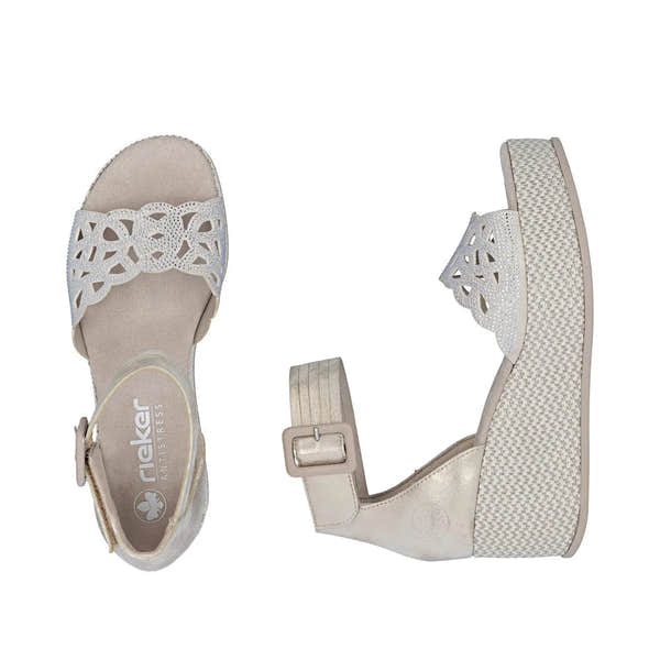 Rieker 69457-60 women's beige buckle sandals with floral cutout design and wedge heel.