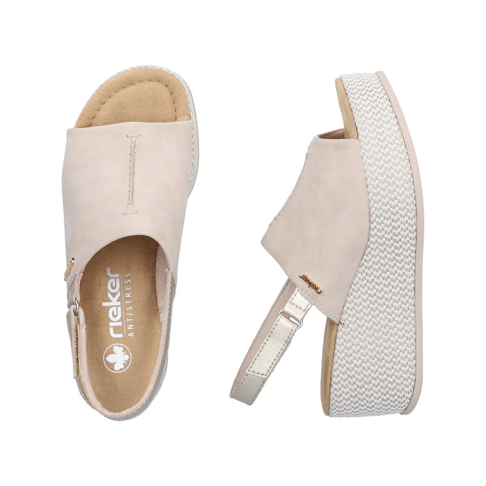 Rieker 69460-62 women's beige and pale gold slingback sandals with cushioned insole and textured sole.