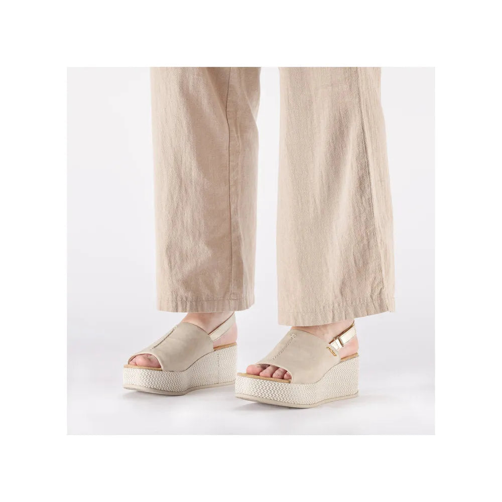 Rieker 69460-62 women's beige and pale gold sling back wedge sandals with open toe and ankle strap.