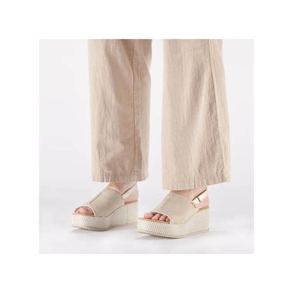 Rieker 69460-62 women's beige and pale gold sling back wedge sandals with open toe and ankle strap.