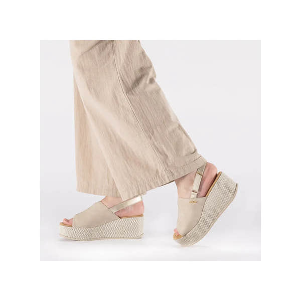 Rieker 69460-62 beige/pale gold sling back ladies sandals with platform sole and open toe design.