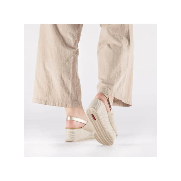 Rieker 69460-62 women's beige and pale gold sling back wedge sandals, open-toe with adjustable ankle strap.