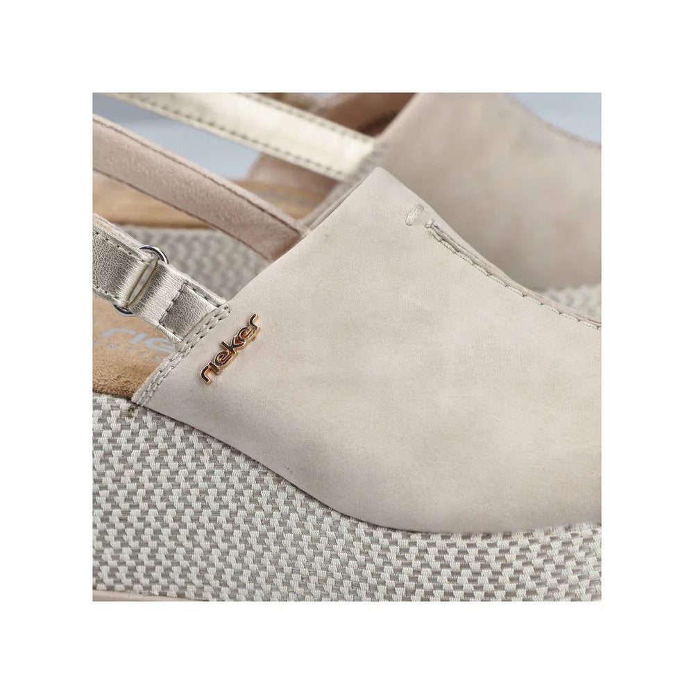 Rieker 69460-62 women's beige and pale gold slingback sandals with adjustable strap and textured wedge sole.
