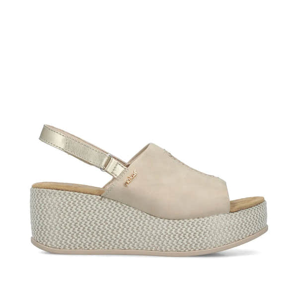 Rieker 69460-62 women's beige and pale gold sling-back wedge sandals with a textured platform sole.