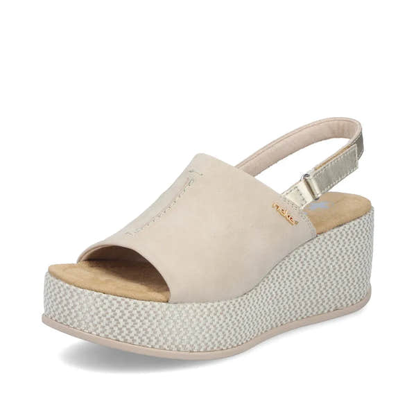 Rieker Damen beiges/silbernes Keil-Sandalette mit Schnalle, offener Zehenpartie und bequemer gepolsterter Sohle.